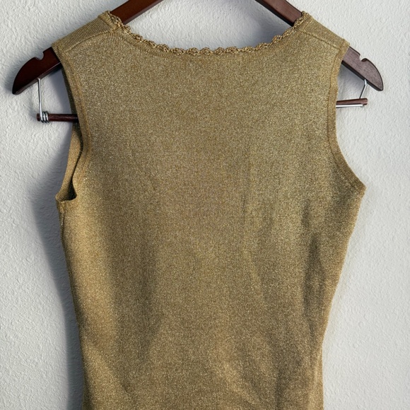 Vintage 90s Gold Sleeveless Knit Top Crochet Scallop Neckline Womens Medium - Picture 9 of 11